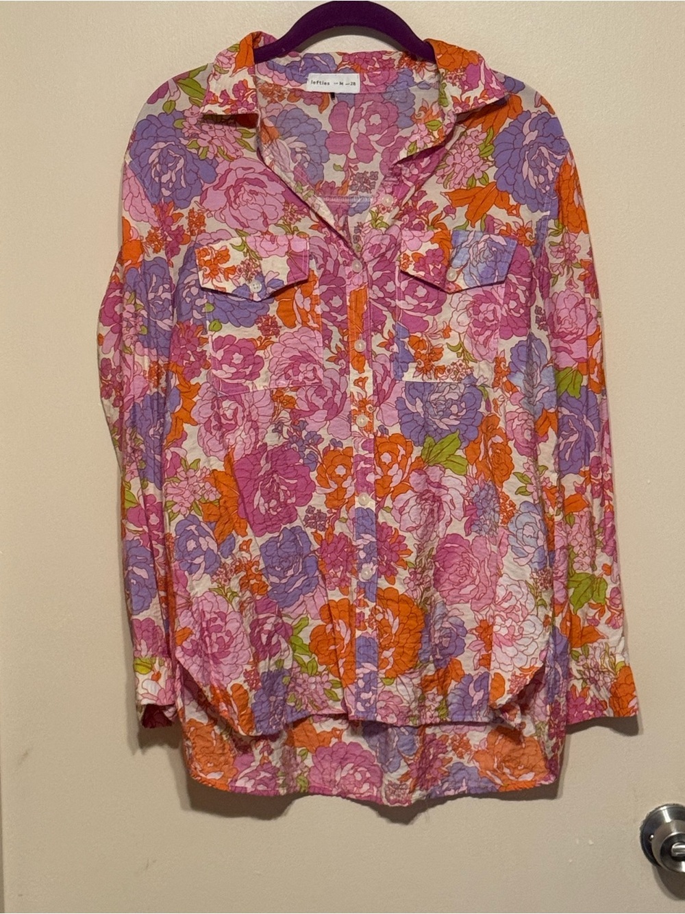 Lefties Vibrant Long Sleeve Button-Down Blouse High-Low Curved Hem Versatile